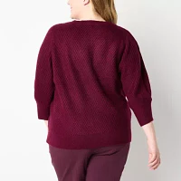 Liz Claiborne Plus Womens Crew Neck 3/4 Sleeve Pullover Sweater
