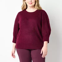 Liz Claiborne Plus Womens Crew Neck 3/4 Sleeve Pullover Sweater
