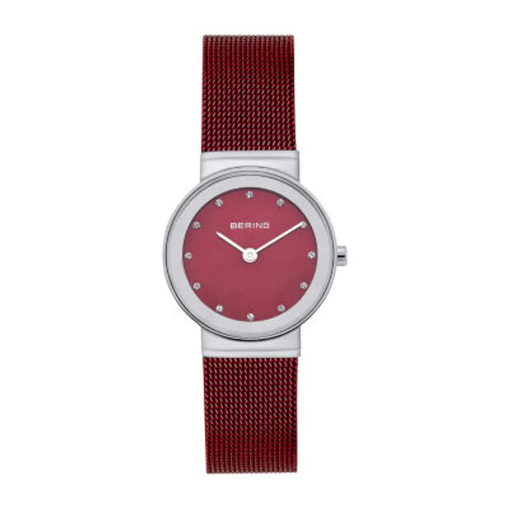 Bering Womens Crystal Accent Red Stainless Steel Bracelet Watch 10126-303