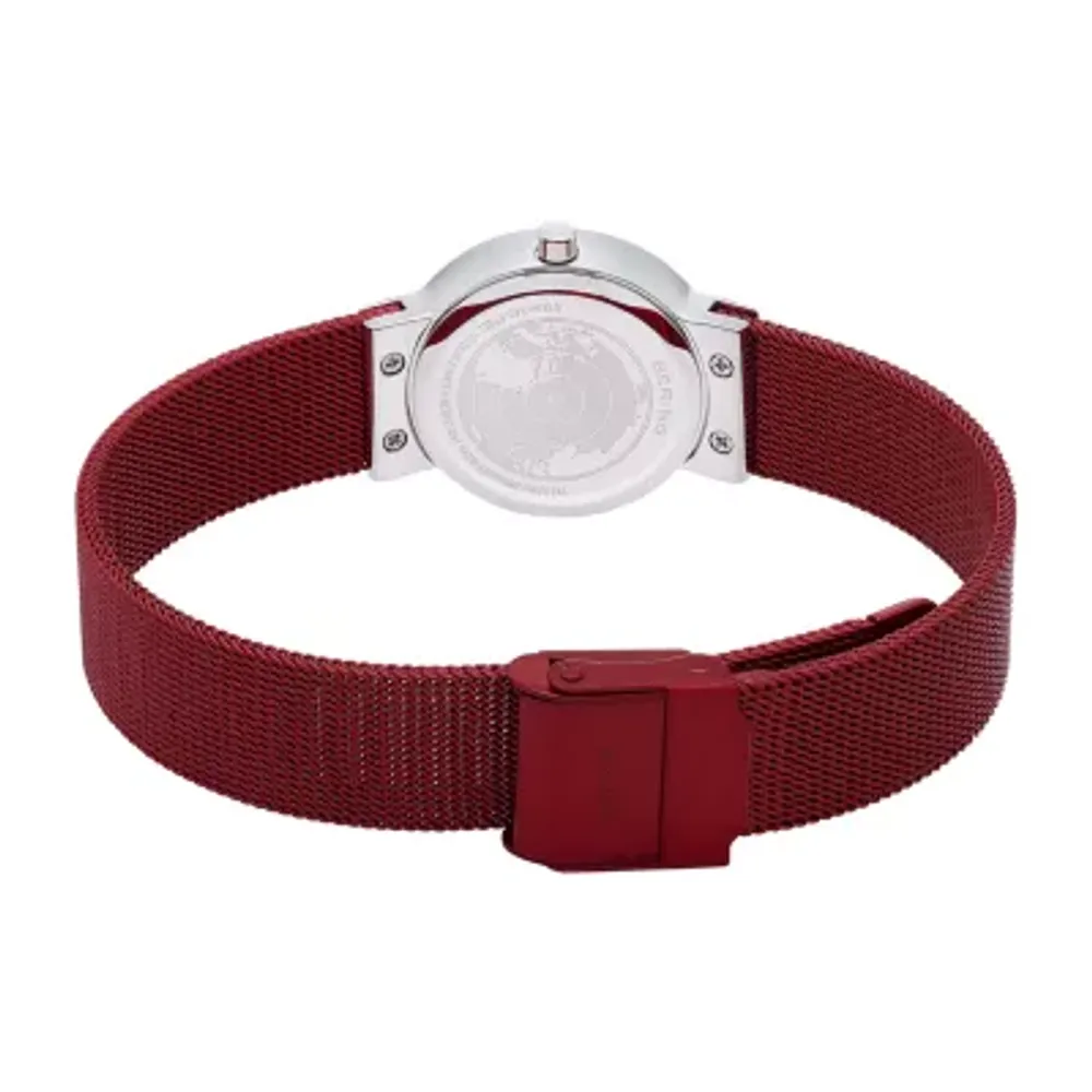 Bering Womens Crystal Accent Red Stainless Steel Bracelet Watch 10126-303