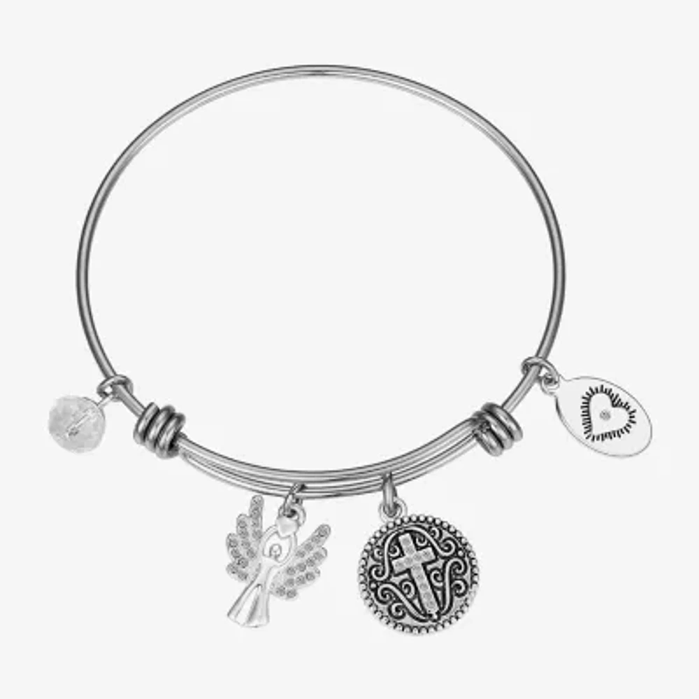 Footnotes Stainless Steel Angel Cross Bangle Bracelet