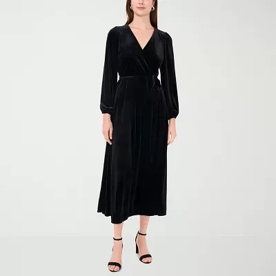 MSK Velvet Womens Long Sleeve Midi Wrap Dress