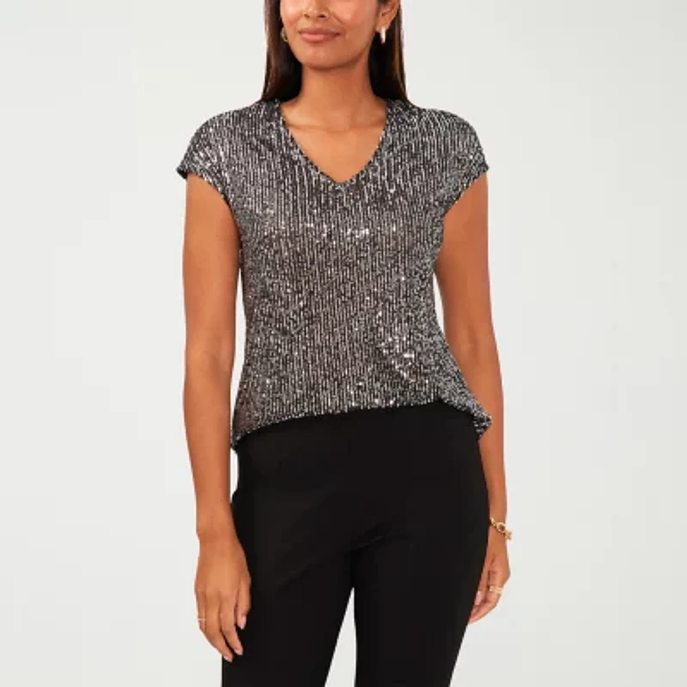 MSK Sequin Womens V Neck Short Sleeve Blouse