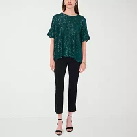 MSK Sequin Womens Round Neck Short Sleeve Blouse