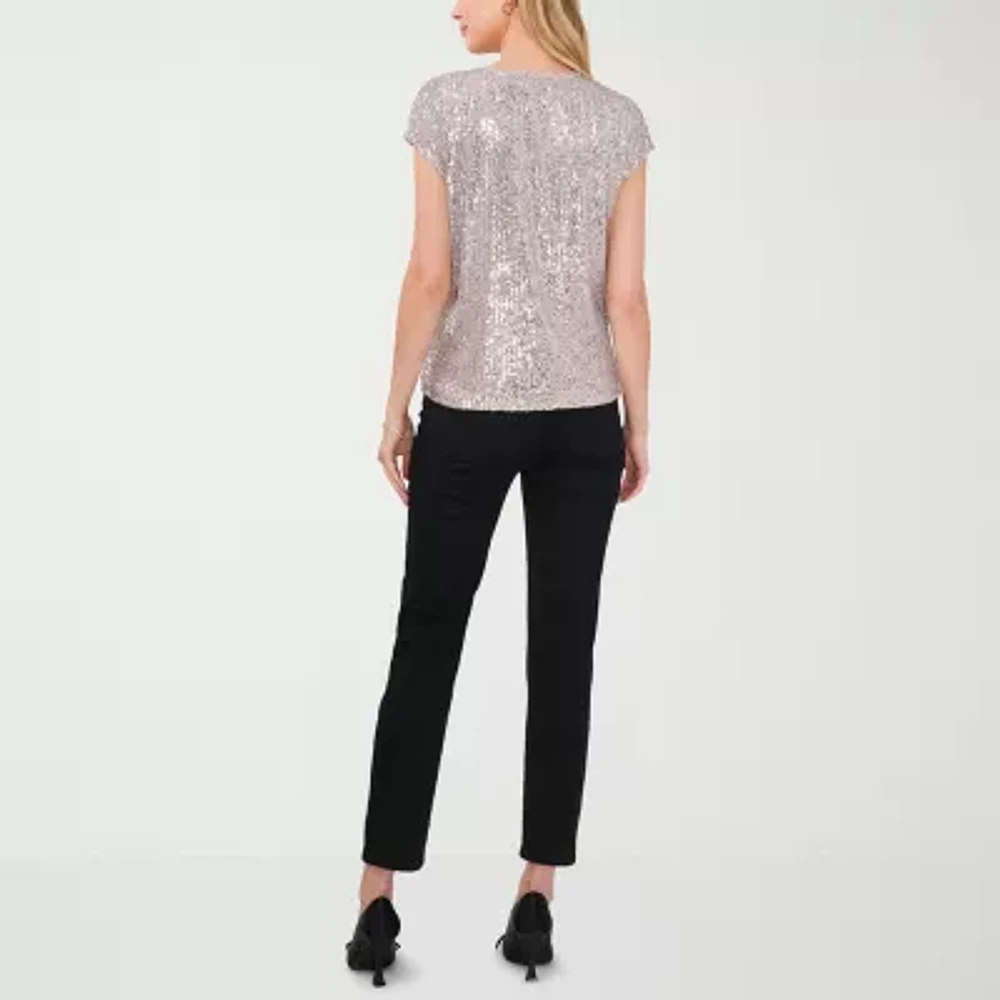 MSK Sequin Womens V Neck Short Sleeve Blouse