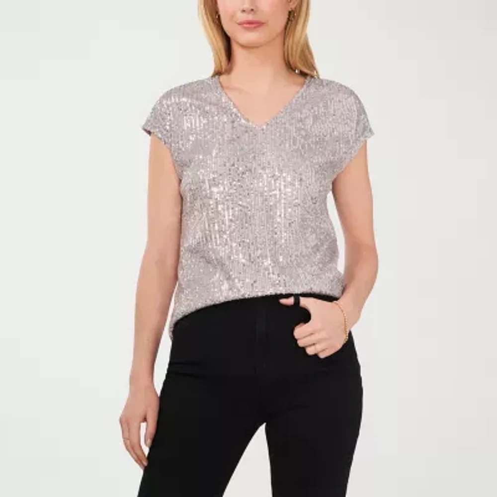 MSK Sequin Womens V Neck Short Sleeve Blouse