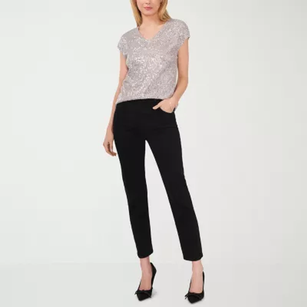 MSK Sequin Womens V Neck Short Sleeve Blouse