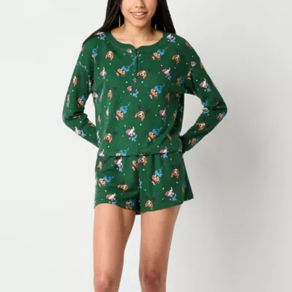 Arizona Body Womens Juniors Waffle Long Sleeve 2-pc. Shorts Pajama Set