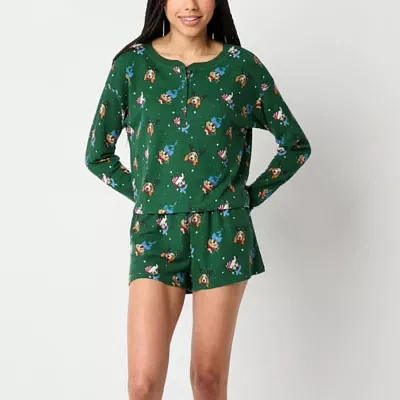 Arizona Body Womens Juniors Waffle Long Sleeve 2-pc. Shorts Pajama Set