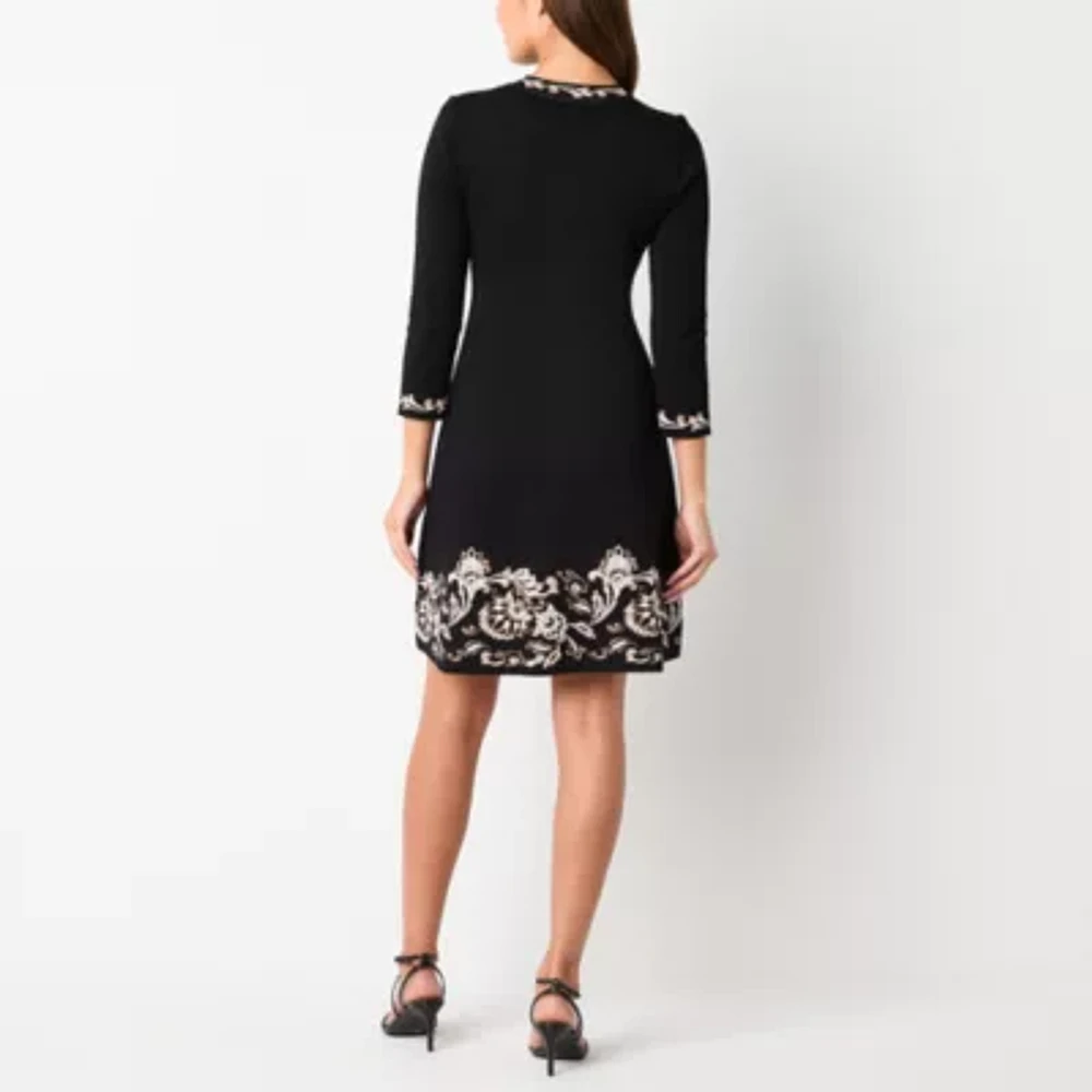 Jessica Howard Womens 3/4 Sleeve Scroll Sweater Dress