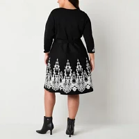 Jessica Howard Womens 3/4 Sleeve Scroll Sweater Dress Plus