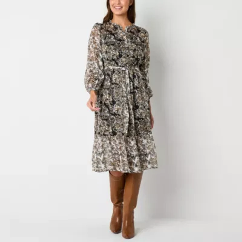 Frye and Co. Womens Long Sleeve Floral Midi Fit + Flare Dress