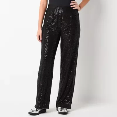 by&by-Juniors Sequin Womens High Rise Wide Leg Flat Front Pant