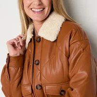 Liz Claiborne Faux Leather Midweight Womens Quilted Jacket