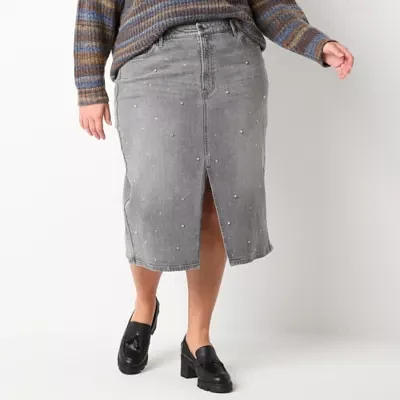 a.n.a Womens High Rise Stretch Fabric Midi Denim Skirt-Plus