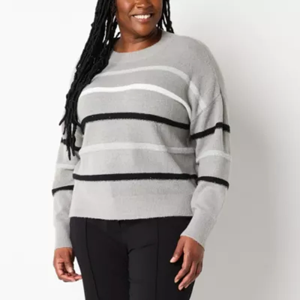 Liz Claiborne Plus Womens Crew Neck Long Sleeve Striped Pullover Sweater