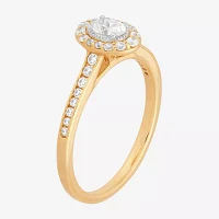 (H-I / Si1-Si2) Womens 1/2 CT. T.W. Lab Grown White Diamond 10K Gold Oval Side Stone Halo Engagement Ring