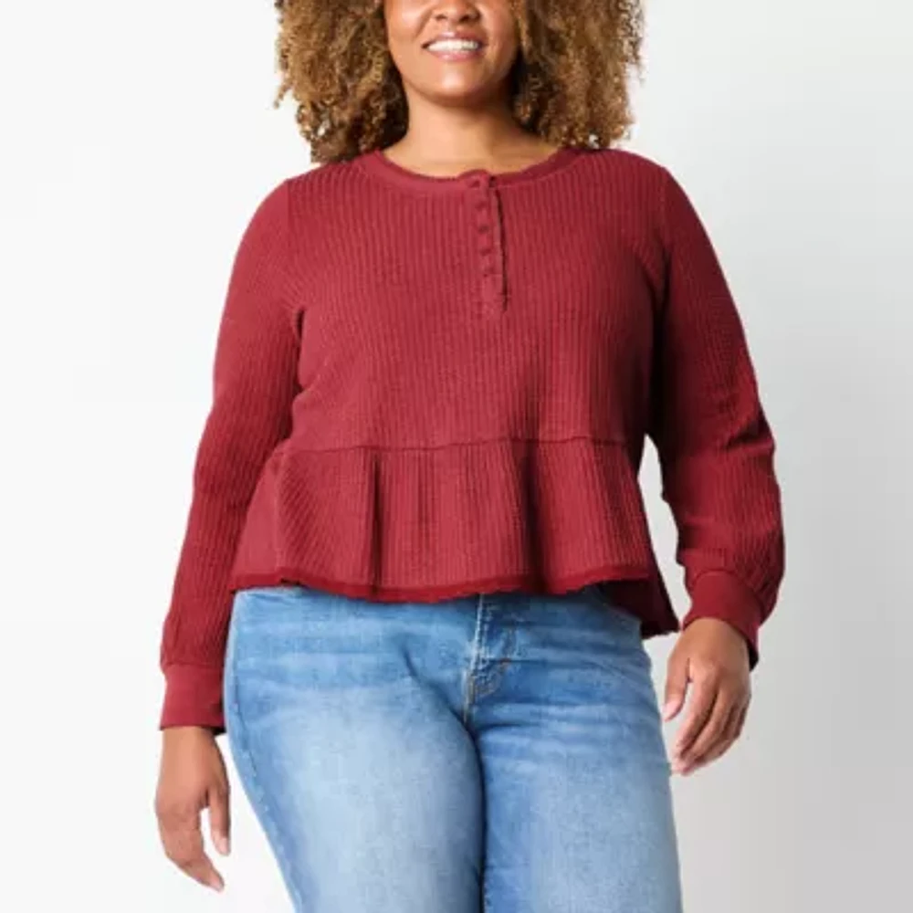 Frye and Co. Waffle Womens Crew Neck Long Sleeve Peplum Top Plus