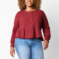 Frye and Co. Waffle Womens Crew Neck Long Sleeve Peplum Top Plus