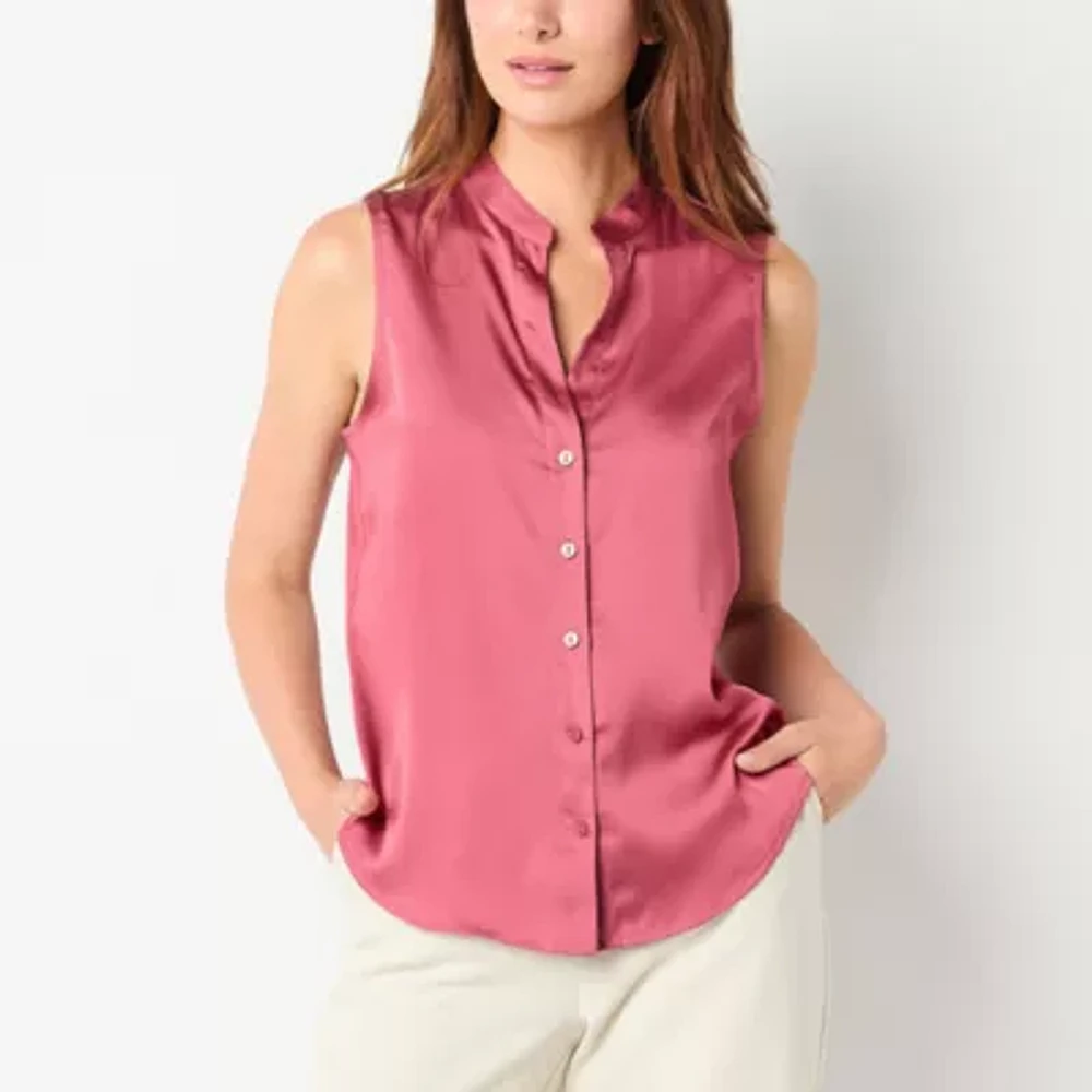 Worthington Womens Henley Neck Short Sleeve Satin Blouse