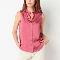 Worthington Womens Henley Neck Short Sleeve Satin Blouse