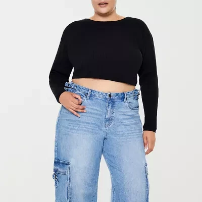 Forever 21 Drop Shoulder Waffle Womens Crew Neck Long Sleeve Crop Top Juniors Plus