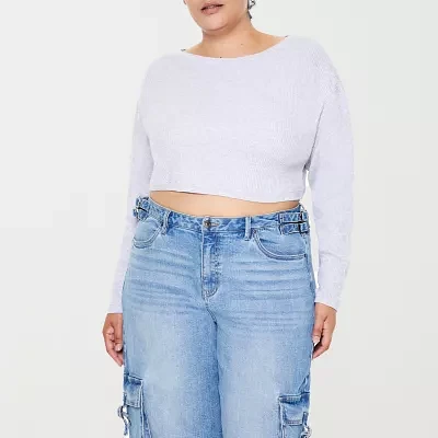 Forever 21 Drop Shoulder Waffle Womens Crew Neck Long Sleeve Crop Top Juniors Plus
