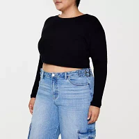 Forever 21 Drop Shoulder Waffle Womens Crew Neck Long Sleeve Crop Top Juniors Plus