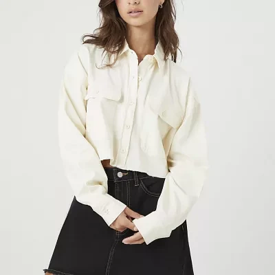 Forever 21 Juniors Cropped Woven Womens Long Sleeve Button-Down Shirt