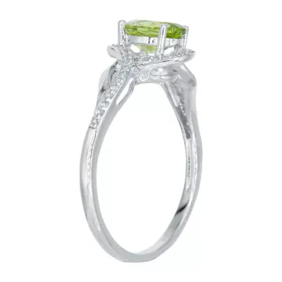 Womens Genuine Green Peridot 10K White Gold Oval Halo Bypass  Cocktail Ring