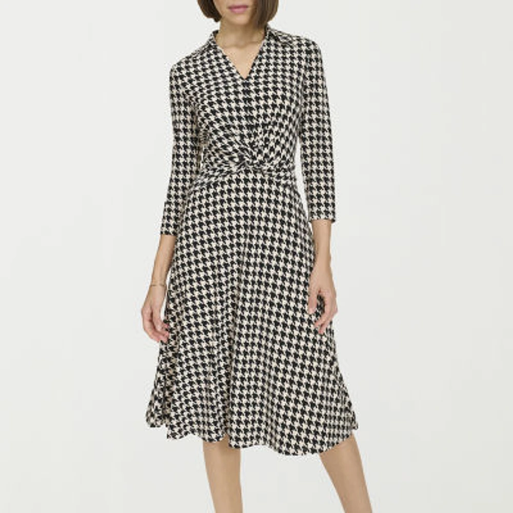 Marc New York Houndstooth Womens 3/4 Sleeve Midi Fit + Flare Dress