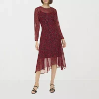 Marc New York Womens Long Sleeve Leaf Midi Fit + Flare Dress