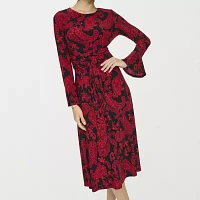 Marc New York Womens Long Sleeve Paisley Midi Fit + Flare Dress