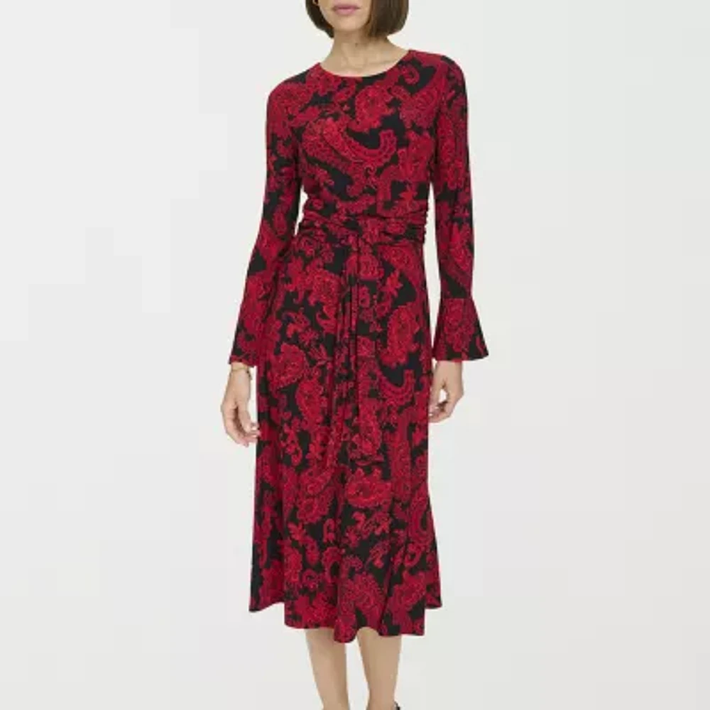 Marc New York Womens Long Sleeve Paisley Midi Fit + Flare Dress