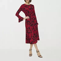 Marc New York Womens Long Sleeve Paisley Midi Fit + Flare Dress