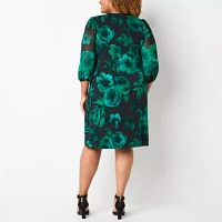 Connected Apparel Womens 3/4 Sleeve Floral Sheath Dress Plus