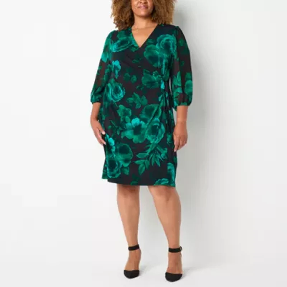 Connected Apparel Womens 3/4 Sleeve Floral Sheath Dress Plus