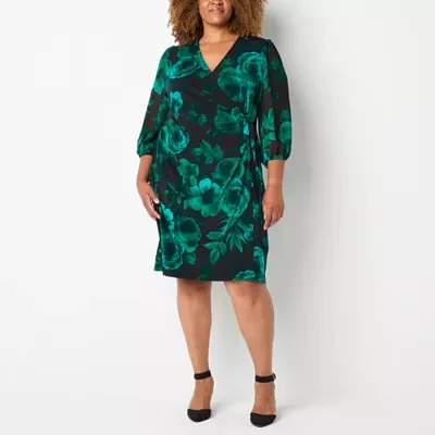 Connected Apparel Womens 3/4 Sleeve Floral Sheath Dress Plus