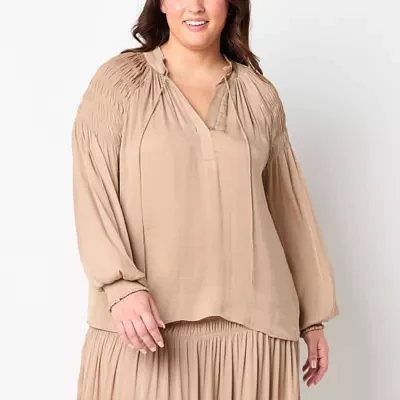 Ryegrass Plus Womens Split Tie Neck Long Sleeve Satin Blouse