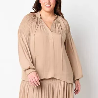 Ryegrass Plus Womens Split Tie Neck Long Sleeve Satin Blouse