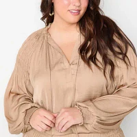 Ryegrass Plus Womens Split Tie Neck Long Sleeve Satin Blouse
