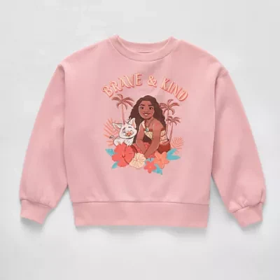 Disney Collection Little & Big Girls Embroidered Crew Neck Long Sleeve Fleece Moana Sweatshirt