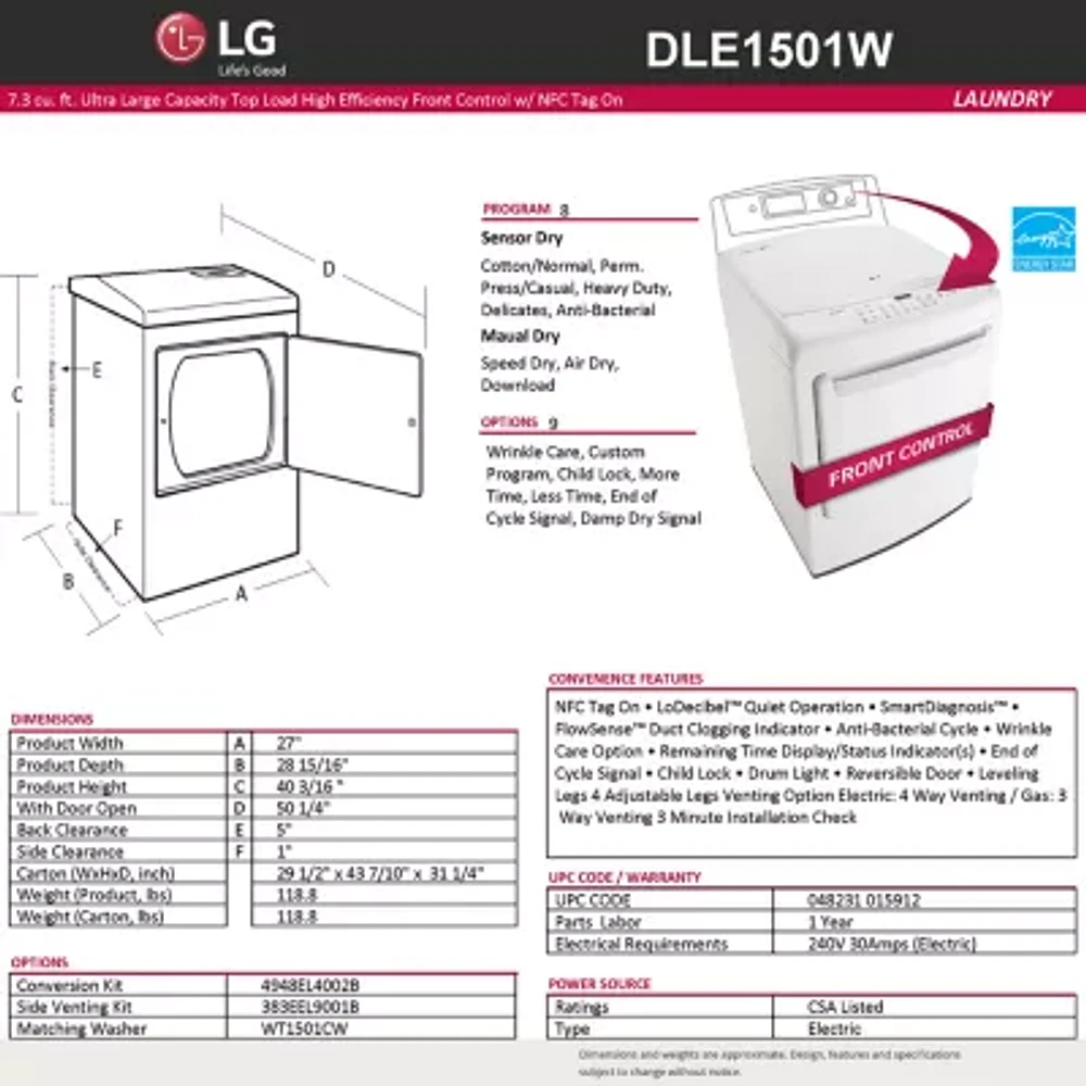 LG ENERGY STAR®  7.3 cu. ft. Ultra-Large CapacityHigh Efficienty Front Control Dryer with NFC TagOn
