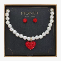 Monet Jewelry Collar Necklace And Stud Earring 2-pc. Glass Simulated Pearl Heart Jewelry Set