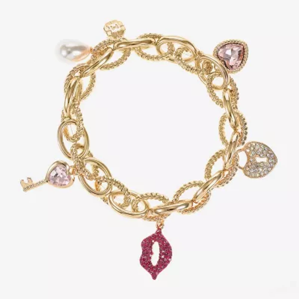 Monet Jewelry Gold Tone Glass Link Heart Charm Bracelet