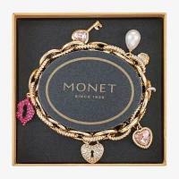 Monet Jewelry Gold Tone Glass Link Heart Charm Bracelet