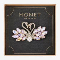 Monet Jewelry Gold Tone Swans Glass Pin