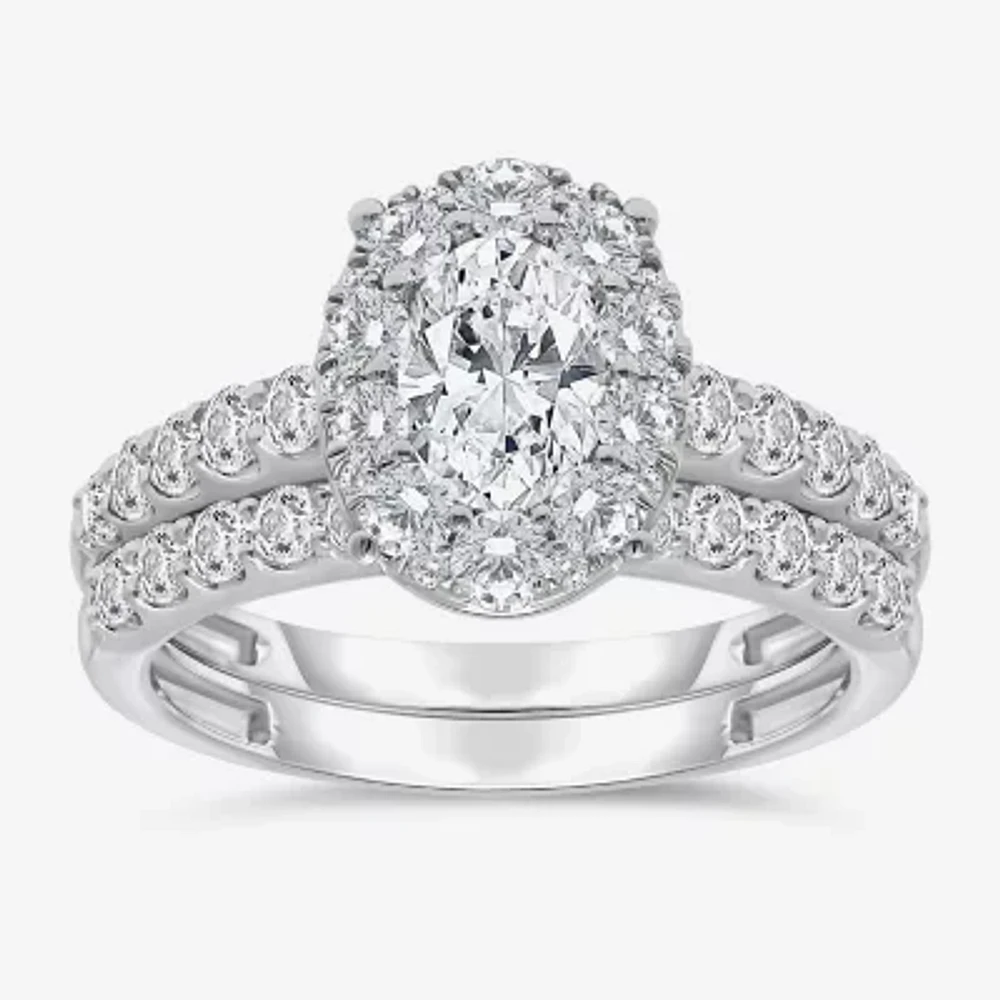 (I / I1) Womens 2 CT. T.W. Lab Grown White Diamond 10K Gold Oval Side Stone Bridal Set