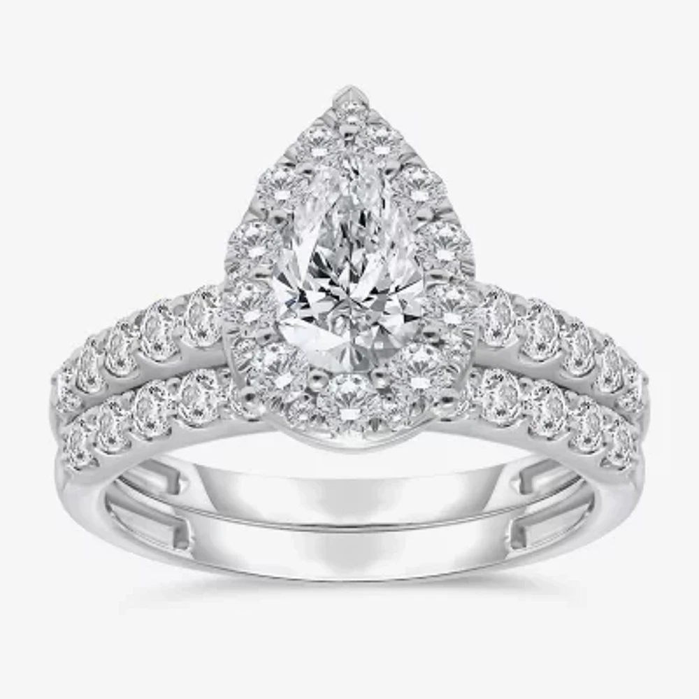 (I / I1) Womens 2 CT. T.W. Lab Grown White Diamond 10K Gold Pear Side Stone Bridal Set