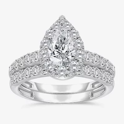 (I / I1) Womens 2 CT. T.W. Lab Grown White Diamond 10K Gold Pear Side Stone Bridal Set